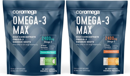[BRSRAGA5DINQAEIZ] Coromega Omega-3 Fish Oil Bundle – 2400mg Omega-3s + Vitamin D, 3X Better Absorption, No Fishy Aftertaste, Coconut Bliss & Citrus Burst Flavors, 60 Squeeze Packets