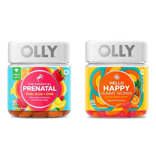 [BRSROAIPC4IA2ETB] OLLY The Essential Prenatal Gummy Multivitamin, 30 Day Supply (Gummies), Sweet, Folic Acid & Hello Happy Gummy Worms, Mood Balance Support, Vitamin D, Saffron, Adult Chewable Supplement