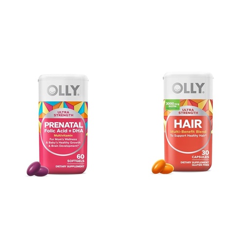 [BRSROAIPDMFROYL6] OLLY Ultra Strength Prenatal Multivitamin Softgels, Supports Healthy Growth, Brain Development & Ultra Strength Hair Softgels, Supports Hair Health, Biotin, Keratin, Vitamin D, B12
