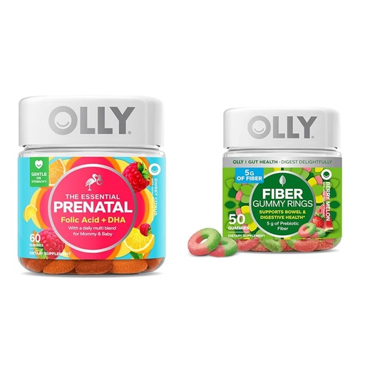 [BRSROBQCCENGME3F] OLLY The Essential Prenatal Gummy Multivitamin, 30 Day Supply (Gummies) & Fiber Gummy Rings, 5g Prebiotic Fiber, FOS (Fructo-oligosaccharides), Digestive Support, Berry Melon 50ct