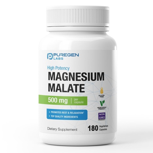 [BRSRAED7AR5WO3LB] Puregen Labs Magnesium Malate 500mg | High Potency Elemental Magnesium | 180 Veggie Caps, Superior Absorption, Non-GMO, NO Gluten and Dairy, Gentle on Stomach