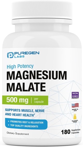 [BRSRAED7AR5WO3LB] Puregen Labs Magnesium Malate 500mg | High Potency Elemental Magnesium | 180 Veggie Caps, Superior Absorption, Non-GMO, NO Gluten and Dairy, Supports Muscle, Joint, and Heart Health