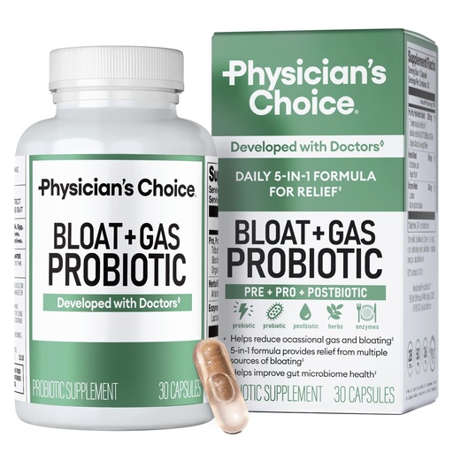 [BRSRAGQOOIMBAFI2] Physician's CHOICE Bloat & Gas Probiotic 5-in-1 Proactive Support + Daily Relief - Digestion & Gut Health- Herbals, Digestive Enzymes, Post & Prebiotics - Gas Relief for Adults - Women & Men - 30ct