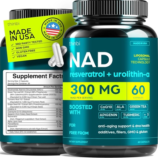 [BRSRAH33BV7AMF3L] NAD Supplement 300Mg Extra Strength NMN Alternative Liposomal + Green Tea for Women & Men w/ Urolithin A, Resveratrol, CoQ10, Alpha Lipoic Acid