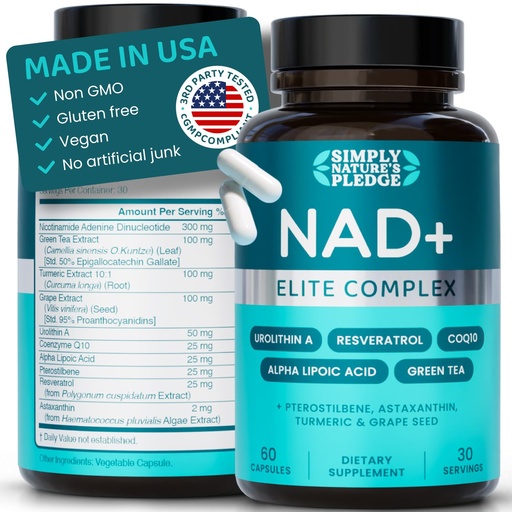 [BRSREHAHCINAEDQZ] NAD+ Elite Complex – Direct NAD+ 300 mg with Urolithin A, Resveratrol, CoQ10 & Antioxidant Blend – Cellular Energy, Mitochondrial Support & Healthy Aging – Vegan, Non-GMO, 60 Capsules (30 Servings)