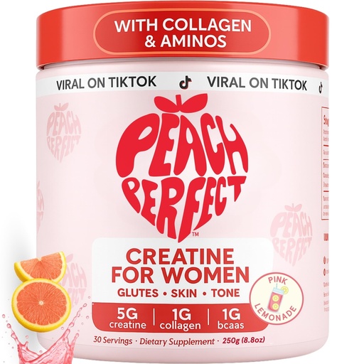 [BRSRMA34CB5AI2T5] Peach Perfect Creatine for Women – Micronized Creatine Monohydrate Powder with BCAA & Collagen for Glute Strength Support, Boosts Energy, Focus, Strength, and Endurance – Pink Lemonade, 30 Servings