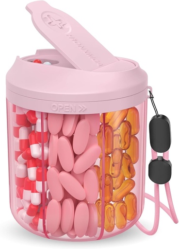 [BRSRE2YRDEPBGYL6] Pill Dispenser with 7 Large Compartments, 4.4" H x 3.6" Dia Pill Organizer for Travel, Supplement Organizer with Anti-Mixing Design, BPA-Free Pill Container with 20 Pcs Labels, Pink