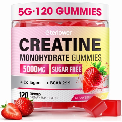 [BRSREBIRAQFGK3DU] Creatine Monohydrate Gummies, 5g Creatine Gummies for Women & Men.Pre-Workout & Muscle Growth Support, Contains BCAA, Collagen, Sugar-Free, 120 Count