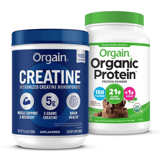 [BRSREFDQCMNAYD3Z] Orgain Creatine Monohydrate Powder (17.64 Oz, 100 Servings) & Organic Vegan Chocolate Fudge Protein Powder (2.03 lb) Bundle - Plant-Based Protein & Muscle Support