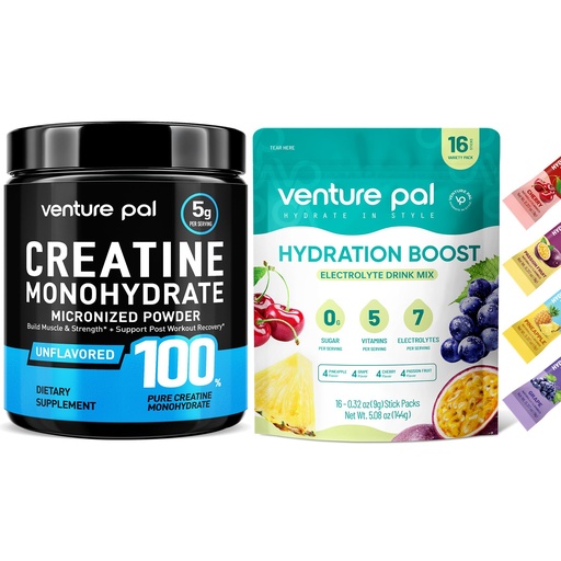 [BRSREAQCPMDRACDD] Venture Pal Micronized Creatine Monohydrate Powder + Electrolyte Powder Packets - Sugar-Free, Hydration & Vitamin Boost, 16 Sticks