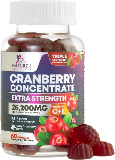 [BRSW2ZAHOIMG23QY] Cranberry Gummies 50:1 Cranberry Extract - Urinary Tract Support Made with 25,000mg, Helps Cleanse & Protect, Cran Berry Gummy Supplement + Vitamin C, Chewable Cran Pills for Women - 60 Gummies