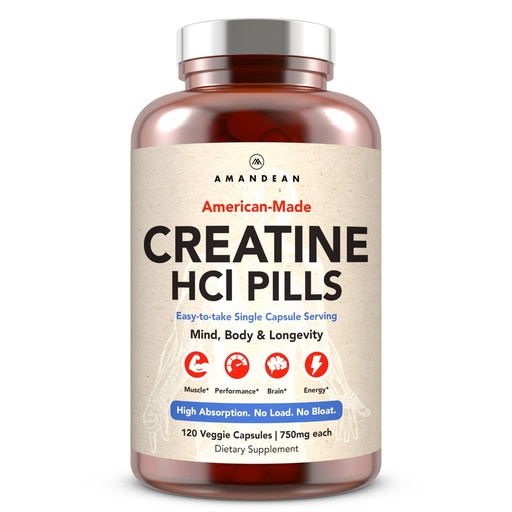 [BRSROAITOV7RQDL4] AMANDEAN Creatine HCl Pills. American Made CON-CRET. 120 Capsules. 7X Concentrated. No Bloat. Muscle, Energy, Cognitive, Recovery Support for Men & Women. Gluten Free, Non-GMO.