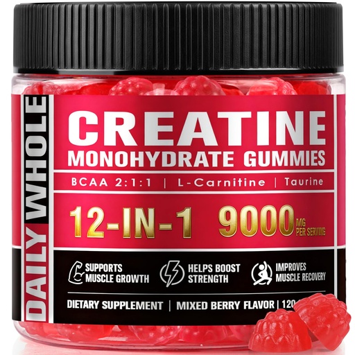 [BRSREHYNCEAQ23Y3] 12 IN 1 Creatine Monohydrate Gummies Complex 9000mg for Women and Men to Support Muscle, Creatina gummy with L-Carnitine, B12, BCAA 2:1:1, Sugar Free, Non-GMO & Vegan, 120 Gummies, Mixed Berry Flavor