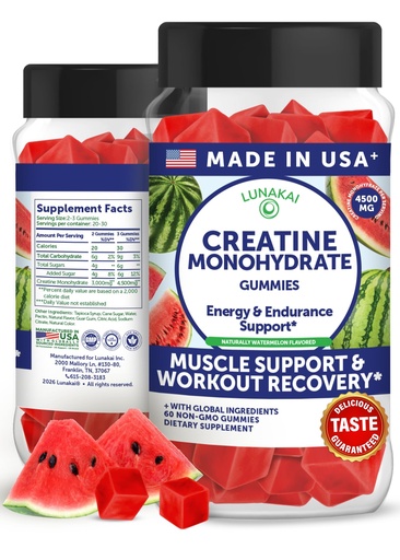[BRSRABLYB4CBEDTL] Lunakai USA Made Creatine Monohydrate Gummies for Women & Men – Vegan Creatine Gummies for Muscle & Recovery Support – Pre Workout Supplement, 60ct