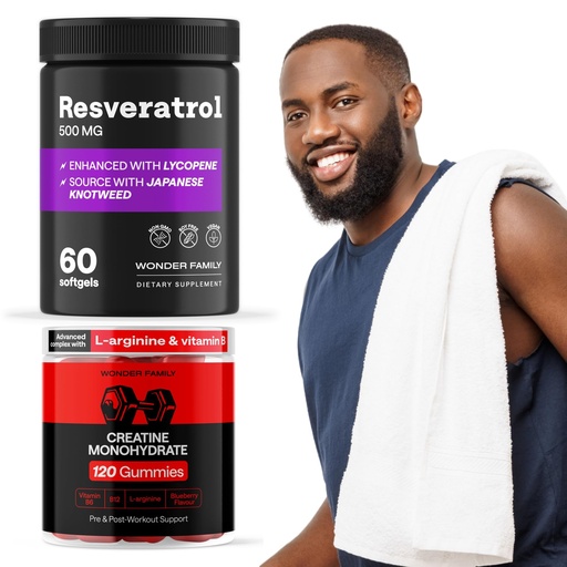 [BRSREYY7OV4AKADB] WONDER FAMILY Gym Endurance Bundle - Resveratrol for Heart Support - Creatine Monohydrate Gummies 5g for Muscles - 60 Resveratrol 500MG Softgels, 120 Creatine Chewables