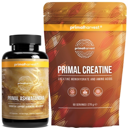 [BRSRGAA6AFYRAHTF] Primal Harvest Daily Two-Step Routine | Ashwagandha + Creatine | 2 Pack | 30 Day Supply