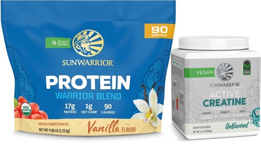 [BRSREAQFCV6A2333] Sunwarrior Creatine Powder & Vanilla Organic Plant Based Protein Powder Set | Bundle & Save | Vegan Organic Protein Plus Unflavored Creatine Monohydrate (120 Servings Unflavored, 90 Servings Vanilla)