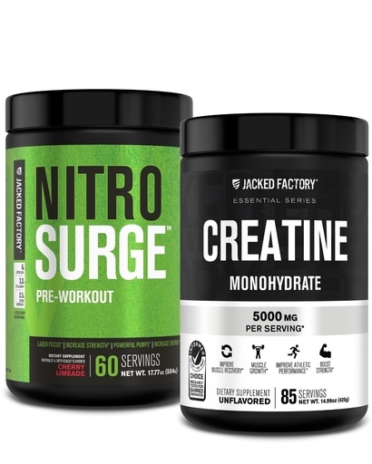 [BRSRAFIRDEBRSDY3] Jacked Factory NITROSURGE Pre Workout Supplement - Endless Energy, Instant Strength (Cherry Limeade, 60sv) Creatine Monohydrate Supplement (Unflavored, 85sv)