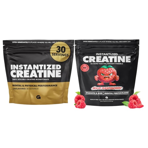 [BRSREYAHPIFWOYA6] Gains in Bulk Intantized Creatine Bundle, Soluble Pre Workout Powder, Supports Muscle Building, Strength and Performance, Unflavored and Raspberry, 60 Servings