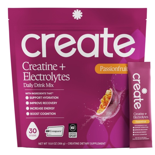 [BRSRGZQRAACAA3Q7] Create Creatine + Electrolytes Mix - Creatine Monohydrate Stick Packs, Supports Energy and Hydration, NSF Certified for Sport, 30 Count, Passion Fruit