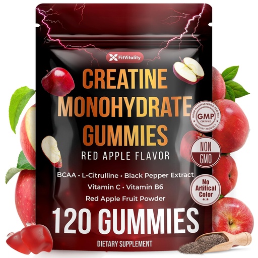 [BRSRE2YNBUAQ2GQ2] 120 Creatine Monhydrate Gummies. W/ Vitamin C & B6, Black Pepper, Red Apple | Vegan, Non-GMO, Sugar-Free.