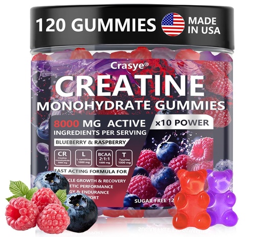 [BRSREFQLO4BQY33K] Creatine Monohydrate Gummies Complex 8000 MG for Men Women, Creatine Gummy with Taurine BCAA for Energy Support and Muscle Strength, Sugar Free Pre-Workout Supplement