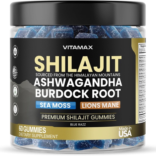 [BRSRAEIYOYMAGCIZ] Pure Shilajit Gummies, Sea Moss, Ashwagandha, 105+ Trace Minerals – Organic Burdock Root & Lions Mane Mushroom - Blue Razz – Vegan & Non-GMO – Made in USA – 60ct
