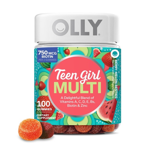 [BRSREZQ6DICA4AI7] OLLY Teen Girl Multi Gummy, Healthy Skin and Immune Support,* Essential Vitamins, Biotin, Zinc, Chewable Multivitamin, Strawberry Melon Flavored, 50 Day Supply - 100 Count