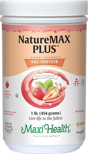 [BRSWIYAKCUOQ2ETO] Maxi-Health NatureMAX PlusTM Energy Support Drink Soy Protein Powder - Sugar Free Diet Supplement - 20g Protein Per Serving - Natural Strawberry Flavor - Kosher Vitamin - 1lb