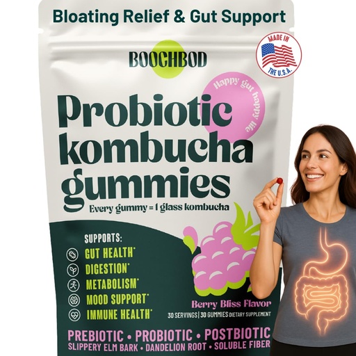 [BRSRAAI5CEPWED3J] BoochBod - Probiotic Kombucha Gummy - Prebiotics, Probiotics, Postbiotics, Fiber Supplement, Slippery Elm, Dandelion Root, MCT Oil, for Bloating, Gut Health - Probiotics for Women and Men