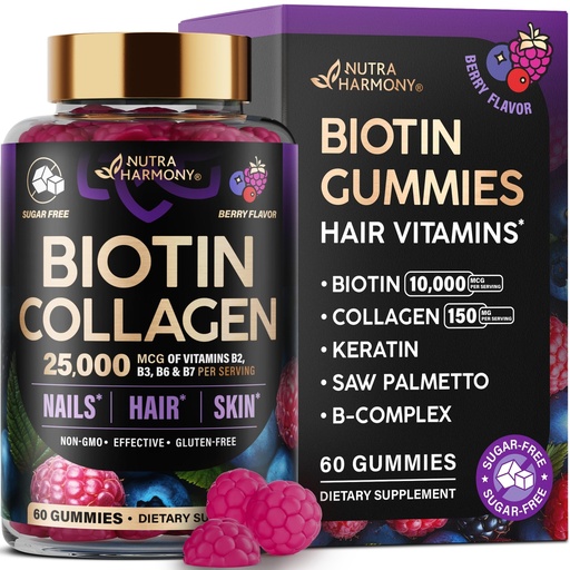 [BRSRAAQEDEHR43AV] Biotin Gummies with Collagen - Hair Growth Support Skin, & Nail Strength - for Women & Men - Biotin 10000mcg | Keratin | Hyaluronic Acid | B-Complex | Saw Palmetto - Sugar-Free, Mixed Berry - 60 Gummy