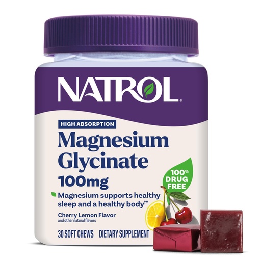[BRSRAAL6CV5QIGQV] Natrol Magnesium Glycinate Supplements 100mg, Cherry Lemon Soft Chews for Healthy Sleep and Body, Magnesium Glycinate 100mg, Up to a 30 Day Supply