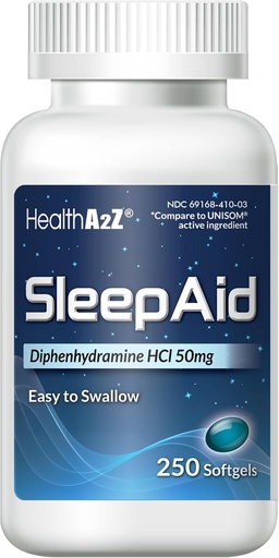 [BRSWYZTRCQFA4H3A] HealthA2Z Sleep Aid, Diphenhydramine Softgels, 50mg, Supports Deeper, Restful Sleeping (250 Counts)