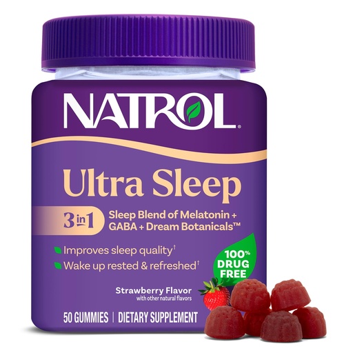 [BRSRGHTQOJ7WGCD4] Natrol Ultra Sleep 3-in-1 100% Drug-Free Sleep Aid Blend with Melatonin, GABA & Botanicals, Dietary Supplement, Non-Habit Forming, 50 Gummies