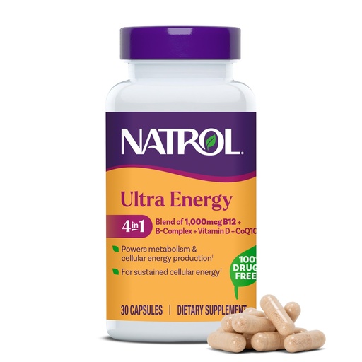 [BRSRGHTQAQPGOE3K] Natrol Ultra Energy 4-in-1 Blend 1000mcg B12, Vitamin B Complex, Vitamin D, CoQ10 Capsules 30 Ct, Vegetarian, Caffeine Free, Supports Cellular Energy Production