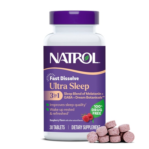 [BRSRGHT5B4HWYHTB] Natrol Ultra Sleep 3-in-1 100% Drug-Free Sleep Aid Blend with Melatonin, GABA & Botanicals, Dietary Supplement, Non-Habit Forming, 30 Fast Dissolve Tablets