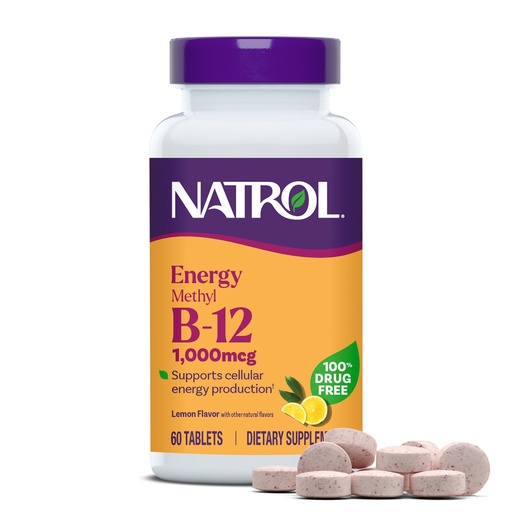 [BRSRGGIBBUNR4FL3] Natrol Methyl Vitamin B-12 1000 mcg, 60 Chewable Tablets, Lemon Flavored, Bioactive B12 Vitamin, Supports Cellular Energy Production, Brain Health & Metabolism - 60 Servings