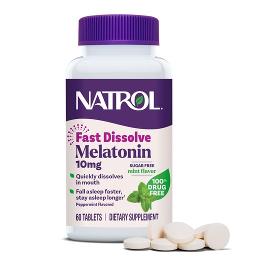 [BRSRGHTRCQNQIG3B] Natrol Melatonin 10mg Fast Dissolve Tablets - Peppermint Flavor, 60 Count, Sleep Support, Fast Dissolve Melatonin for Adults, 60-Day Supply