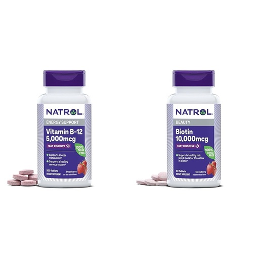 [BRSRAYYZDIDWKHTP] Natrol Vitamin B-12 5000mcg 200 Tablets & Biotin 10000mcg 60 Tablets for Cellular Energy, Healthy Nervous System, Hair, Skin and Nails