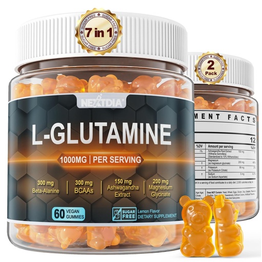 [BRSRAFD4OAFBOE3F] Nextdia L-Glutamine 1000mg Gummies for Women & Men| with Beta-Alanine, BCAAs, Magnesium Glycinate, Potassium & Ashwagandha | Vegan | Sugar-Free & Extra-Chewy | 120 Counts