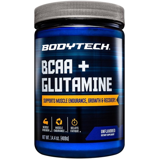 [BRSWIZIYOAHWACI5] BodyTech BCAA + Glutamine Powder with Vitamin C, L Glutamine & More, Essential Pre Workout or Post Workout Amino Acids for Men & Women, Unflavored, 14.4 Oz, 59 Servings