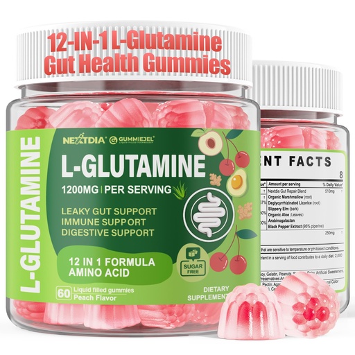 [BRSREGI5OIAWG2DX] Nextdia L-Glutamine 1200mg Gummies for Gut & Immune Support – Leaky Gut Repair with Slippery Elm, Marshmallow Root, Ginger, Aloe, Vitamin C D3, Zinc & Probiotic – Sugar-Free, 60 Ct