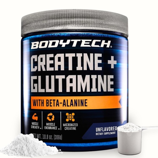 [BRSWIHAIOAHW2G3U] BodyTech Creatine + Glutamine with Beta Alanine Powder, Supports Training & Recovery, Pre Workout & Post Workout Supplement for Men & Women, Unflavored, Gluten Free, 10.8 Oz, 30 Servings