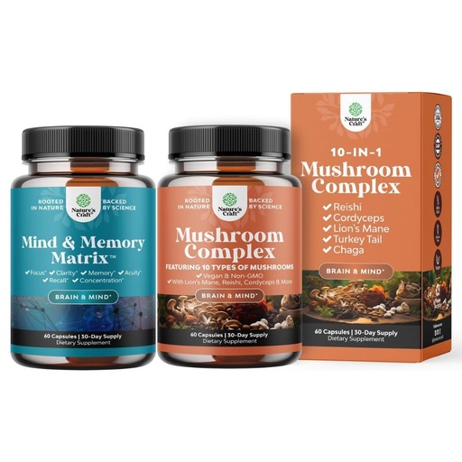 [BRSRE2YRAQCAYH3G] Bundle of Nootropic Brain Supplement - Mental Health & Clarity with VIT A B6 Riboflavin Niacin Thiamin Folate and Advanced Mushroom Complex Capsules - 10X Lions Mane with Reishi Chaga Maitake Shiitake