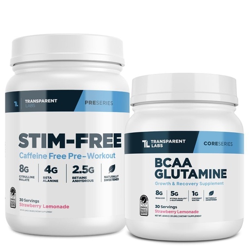 [BRSRE2YZCUIQYE3B] Transparent Labs Stim-Free Pre-Workout Powder (30 Servings, Strawberry Lemonade) & BCAA Glutamine (30 Servings, Strawberry Lemonade)