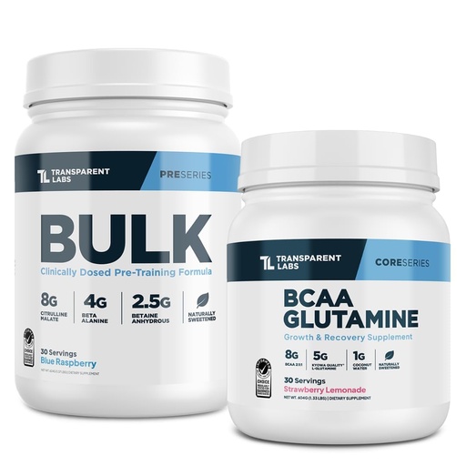 [BRSRE2YZCMHR4DT3] Transparent Labs Bulk Pre-Workout (30 Servings, Blue Raspberry) & BCAA Glutamine (30 Servings, Strawberry Lemonade)
