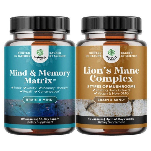[BRSRE2YRAUHAA2TL] Bundle of Nootropic Brain Supplement for Mental Health & Clarity with VIT A, B6, Riboflavin, Niacin, Thiamin, Folate and Advanced Lion's Mane Mushroom Supplement - Brain Health Memory Support & Focus
