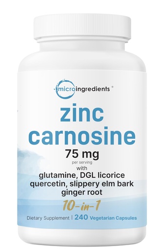 [BRSREBIDOIARO23F] Zinc Carnosine 75mg, 240 Veggie Capsules | 10-in-1 Zinc Supplements for Men & Women with Glutamine, DGL Licorice, Quercetin, Slippery Elm Bark, & Ginger Root | Non-GMO, Gluten Free