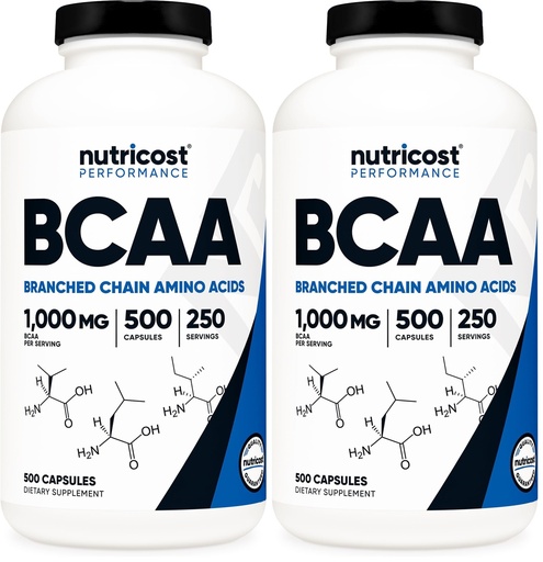 [BRSRGFI7B4NQK3D5] Nutricost BCAA 1000mg, 500 Capsules (250 Serv), 2:1:1 Branched Chain Amino Acids (500mg of L-Leucine, 250mg of L-Isoleucine and L-Valine) (Pack of 2)