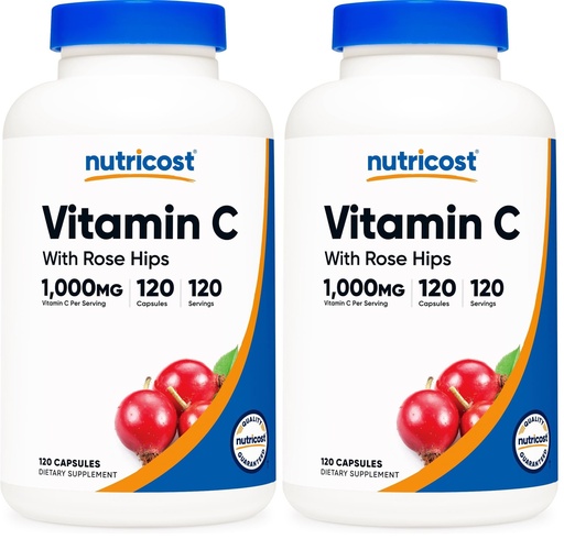 [BRSRGFIFOABWGEQZ] Nutricost Vitamin C with Rose Hips 1025mg, 120 Capsules - Vitamin C 1000mg, Rose Hips 25mg, Premium, Non-GMO, Gluten Free Supplement (Pack of 2)